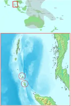 Distribución del talégalo de Nicobar, en gris la distribución del resto de megapódidos.