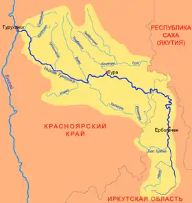 Turujansk (Туруханск) en un mapa del río Tunguska Inferior