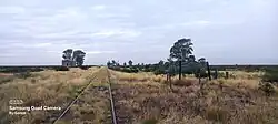 Segundo cartel nomenclador en dirección oeste roto con vista a la vegetación en lo que fue el poblado que aun persiste.