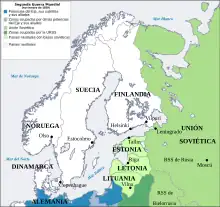 A geopolitical map of Northern Europe where Finland, Sweden, Norway and Denmark are tagged as neutral nations and the Soviet Union is shown having military bases in the nations of Estonia, Latvia and Lithuania.