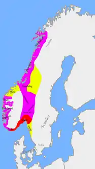 La división del reino después de la batalla de Svolder (1000 d.C.) entre Suecia (amarillo), Dinamarca (rojo) y el jarl de Lade (violeta).