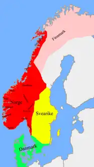 1020, unificación de Noruega durante el reinado de Olaf II: en color salmón Finnmark, territorios subyugados de los lapones que pagaban tributo a los reyes de Noruega.