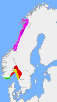 Ca. 820, a la muerte de Gudrød el Cazador: los más importantes eran Vestfold (rojo), Hålogaland (morado), Alvheim (amarillo) y Agder (verde).