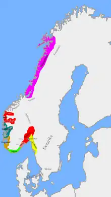 Ca. 860, a la muerte de Halfdan el Negro: en rojo, el reino heredado por Harald I.