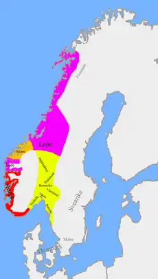 Ca. 930, división del reino del rey Harald I: en amarillo los reinos asignados a los hijos de Harald y allegados; en rojo, los territorios bajo el poder del Gran Rey; en morado, los territorios de los jarls de Lade; y, en naranja, los dominios de los jarls de Møre.