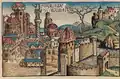 Babilonia en la Schedelsche Weltchronik o Crónica de Núremberg (1493), imaginada como una ciudad europea amurallada del siglo XV, con sus casas de tejados nórdicos, aunque con varias cúpulas similares a la de Brunelleschi en Florencia y una columna al estilo de la Columna Trajana.