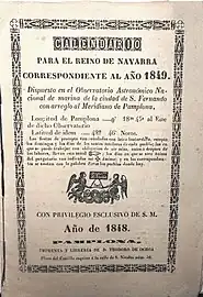 Calendario para el reino de Navarra (1848). El título mantiene el rango de "reino" a pesar de que Navarra había dejado de serlo siete años antes.