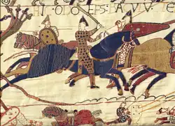 Escena del Tapíz de Bayeux que ilustra a Odo, Obispo de Bayeux, reuniendo a las tropas del duque Guillermo el Conquistador durante la Batalla de Hastings in 1066