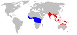 Mapa de Oecophylla: O. longinoda en azul, O. smaragdina en rojo.