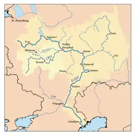 Riazán, a la orilla del río Oká, en mapa del Volga