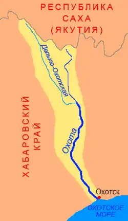 Ojotsk (Охотск) en mapa del río Ojota