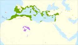 Carta de distribución, con Olea europaea europaea en verde