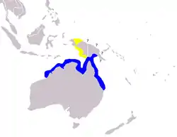 Distribución conocida en azul; la sospechada en amarillo.Las interrogaciones indican zonas donde podrían aparecer.