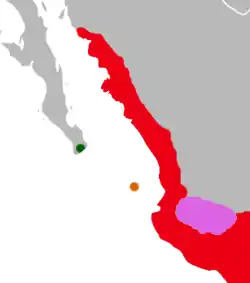 Distribución de Oryzomys albiventer (en rosa) y otros Oryzomys del oeste mexicano.