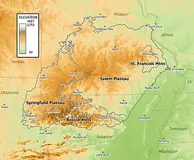 Mapa del relieve de los Ozarks