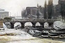 El puente de Grammont durante el rudo invierno de 1830; a la derecha se aprecia la isla Louviers - Detalle de un cuadro de Antoine Perrot (museo Carnavalet).