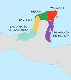 Provincias españolas en la península de Yucatán después de la conquista en 1549