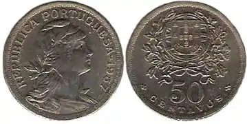 Efigie de la República Portuguesa en una moneda de 50 centavos (1912-1968).