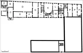 Plano de la segunda planta.  A - Archivio segreto, B - Antichiesetta, C - Chiesetta, D - Sala del Senato, E - Sala del Collegio, F - Anticollegio, G - Sala delle Quattro Porte, H - Andito, I - Atrio quadrato, J - Scala d'Oro, K - Sala del Consiglio dei Dieci, L - Sala della Bussola, M - Sala dei Tre Capi del Consiglio dei Dieci, N - Scala dei Censori, O - Sala dei Tre Inquisitori di Stato, P - Armamento del Consiglio dei Dieci