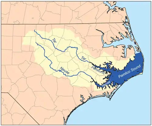 Mapa de los ríos Neuse y Tar-Pamlico, que fluyen por el este del estado