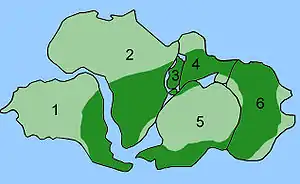 Área de distribución de los fósiles de Glossopteris (verde oscuro), hallados en todos los continentes del sur, aportando una prueba más de que los continentes estuvieron una vez amalgamados en el supercontinente Gondwana