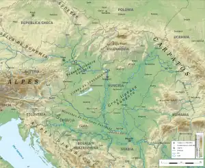 Mapa topográfico. Diversas cordilleras forman sus límites: al oeste, los Alpes; al sur, los Alpes Dináricos; y al norte y al este, los Cárpatos.