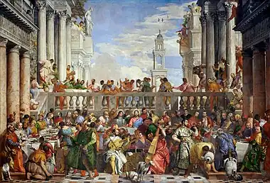 Las bodas de Caná (677 x 994 cm), de Veronés, considerado el mayor óleo sobre lienzo del Museo del Louvre.