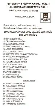 Papeleta de Compromís-Q en las elecciones generales de 2011 por la provincia de Valencia.