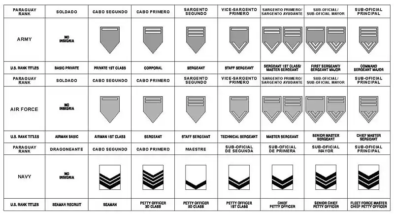 Distintivos de grados en los suboficiales y equivalencia OTAN.