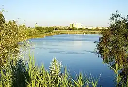 La pasarela, la dársena del Guadalquivir y la torre campanario del Monasterio de San Jerónimo al fondo