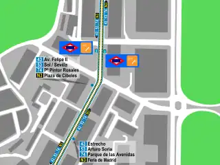 Mapa zonal de la estación de Parque de las Avenidas con las líneas de autobús que pasan, entre las que se encuentra la N3.