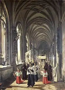 Paso de una procesión por el claustro de San Juan de los Reyes. 1892.