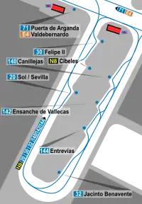 Mapa zonal de la estación de metro de Pavones con los recorridos de las líneas de autobuses, entre las que aparece la línea 142.