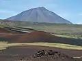 Al fondo, el estratovolcán conocido como Payún Liso