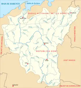 Mapa de la cuenca hidrográfica del Pechora