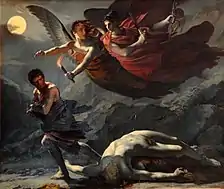 darkly shaded painting of two winged angels chasing a man who runs away from a fallen, naked man attacked and subdued for his clothing