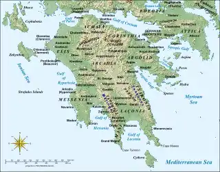 Topographic map of the Peloponnese peninsula with placenames