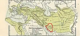 El Imperio persa alrededor del año 500 a. C.; Persia es la provincia central del sur con el contorno rojo. Sus principales ciudades eran Persépolis y Pasargada.