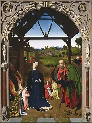 La Natividad, de Petrus Christus, 1450. El manto de la Virgen sirve de cama del Niño.