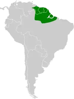 Distribución geográfica del cotinga rojo guayanés.