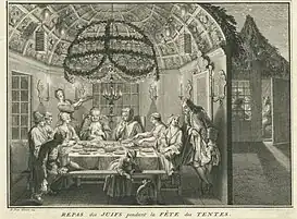 Bernard Picart, Familia sefardita portuguesa celebrando sucot en Holanda, grabado, 1724.