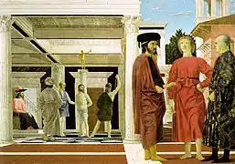 La flagelación de Piero della Francesca, posiblemente representando a Juan VIII Paleólogo como Poncio Pilato (la figura más a la izquierda)