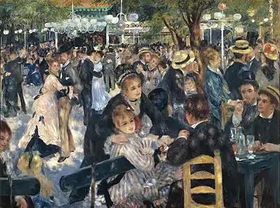 Baile en el Moulin de la Galette, de Pierre-Auguste Renoir, Impresionismo. La luz se filtra por el follaje y altera su color según la superficie en que se incide, reflejándose en otros cuerpos.