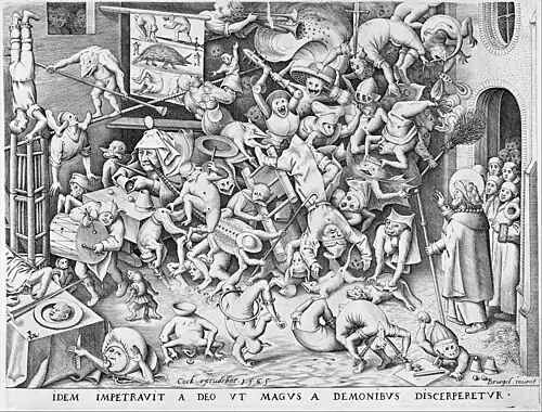 A heavily detailed black-and-white printed drawing of a room filled with demon-like beings. A magician stands to the right, hand aloft and carrying a long rod.