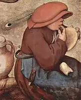 Pieter Brueghel el Viejo, 1568, niño en La boda campesina; el sombrero indica el género.