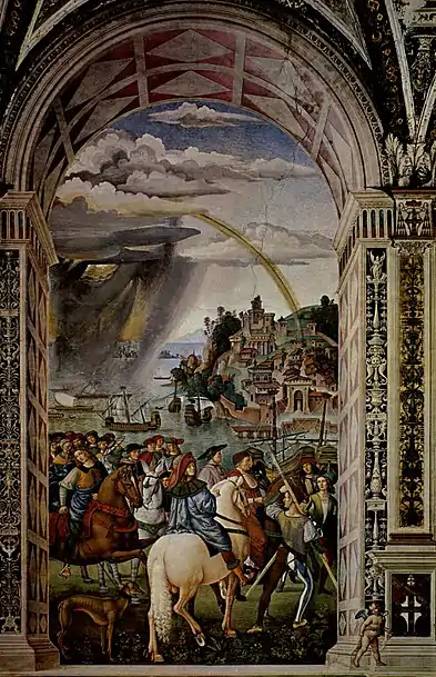 La partida de Silvio Enea Piccolomini al concilio de Basilea, obra de Pinturicchio, en la Biblioteca Piccolomini.