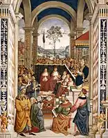 Pinturicchio, Pio II convoca una Dieta de Príncipes en Mantua para proclamar una nueva cruzada en 1459. Fresco en la catedral de Siena, Piccolomini Library, 1502–1509.