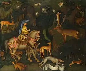 La Visión de San Eustacio por Pisanello, c1440. El santo viste un chaperón sumamente voluminoso de estilo A. Al igual que con otros sombreros pintados por Pisanello, el dibujo puede ser algo exagerado comparado con los sombreros reales.