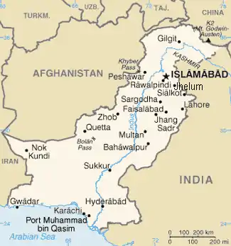 El río Indo en Pakistán, situación de las ciudades cercanas.