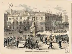 Desalojo del Pla de Palau (1870): Événements d'Espagne: la troupe faisant évacuer la place du Gouvernement, à Barcelona, de Vicente Urrabieta